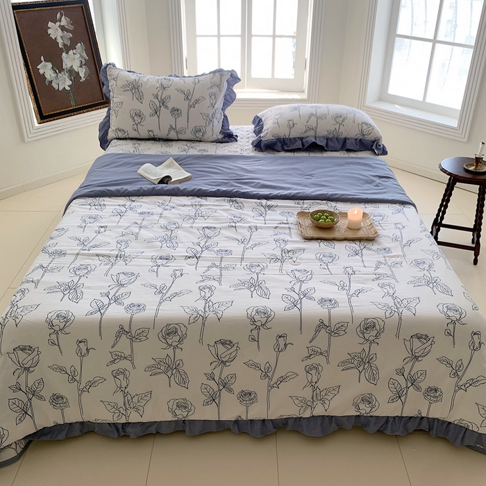 91家纺网 家纺一手货源 找家纺 星期八2023款水洗棉麻床盖+枕套+夏被 玫瑰