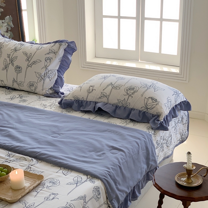 91家纺网 家纺一手货源 找家纺 星期八2023款水洗棉麻床盖+枕套+夏被 玫瑰