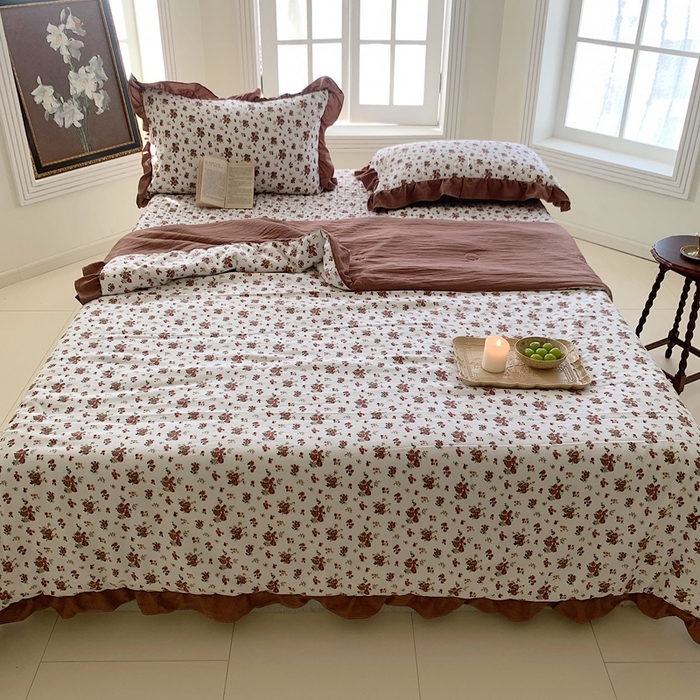 91家纺网 家纺一手货源 找家纺 星期八2023款水洗棉麻床盖+枕套+夏被 玫瑰花园