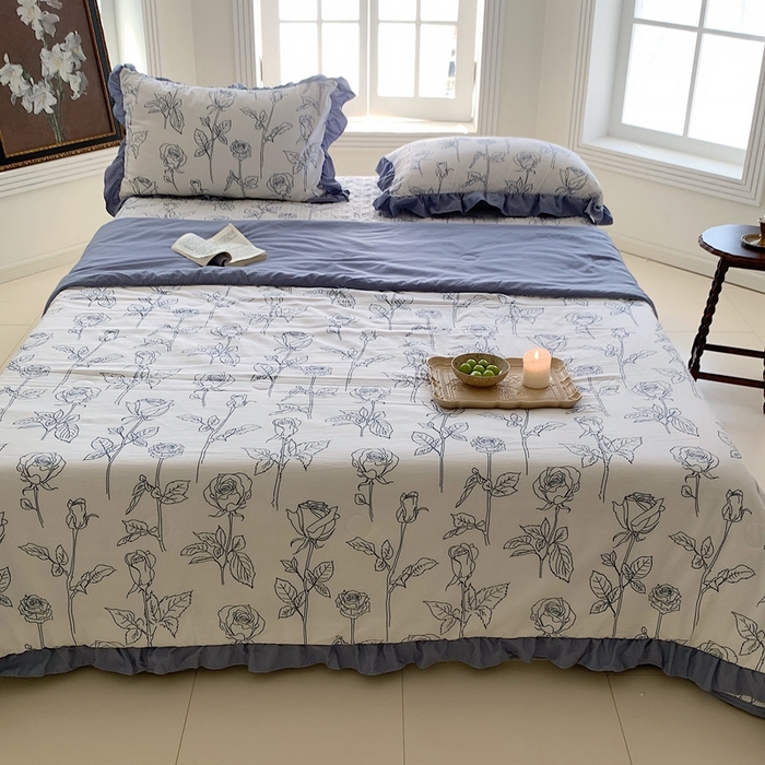 91家纺网 家纺一手货源 找家纺 星期八2023款水洗棉麻床盖+枕套+夏被 玫瑰