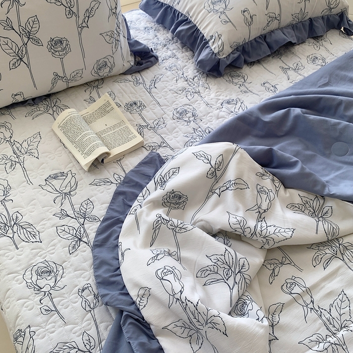 91家纺网 家纺一手货源 找家纺 星期八2023款水洗棉麻床盖+枕套+夏被 玫瑰