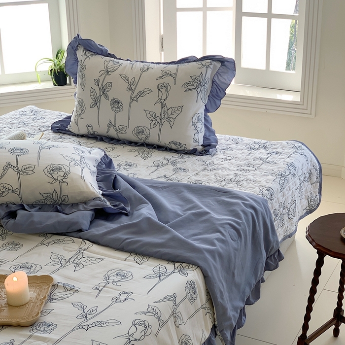 91家纺网 家纺一手货源 找家纺 星期八2023款水洗棉麻床盖+枕套+夏被 玫瑰