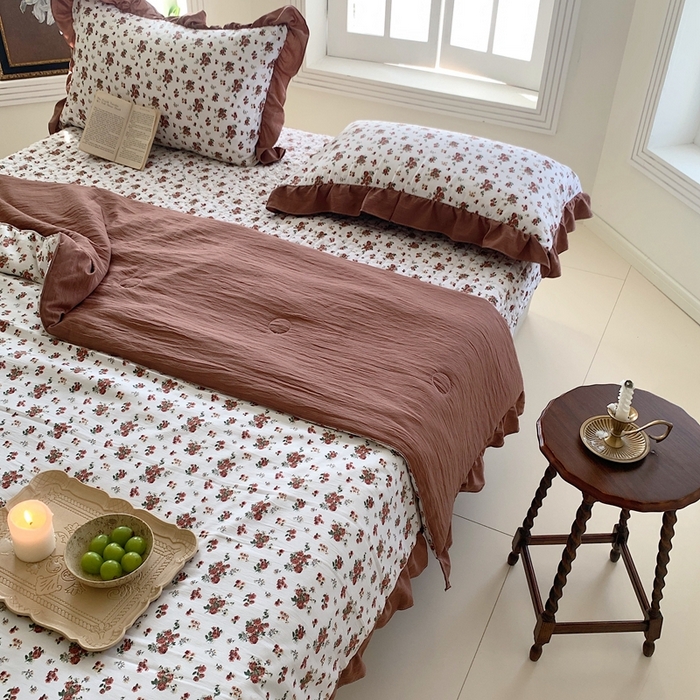 91家纺网 家纺一手货源 找家纺 星期八2023款水洗棉麻床盖+枕套+夏被 玫瑰花园