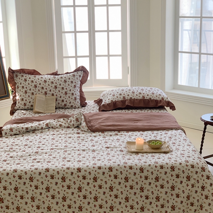 91家纺网 家纺一手货源 找家纺 星期八2023款水洗棉麻床盖+枕套+夏被 玫瑰花园