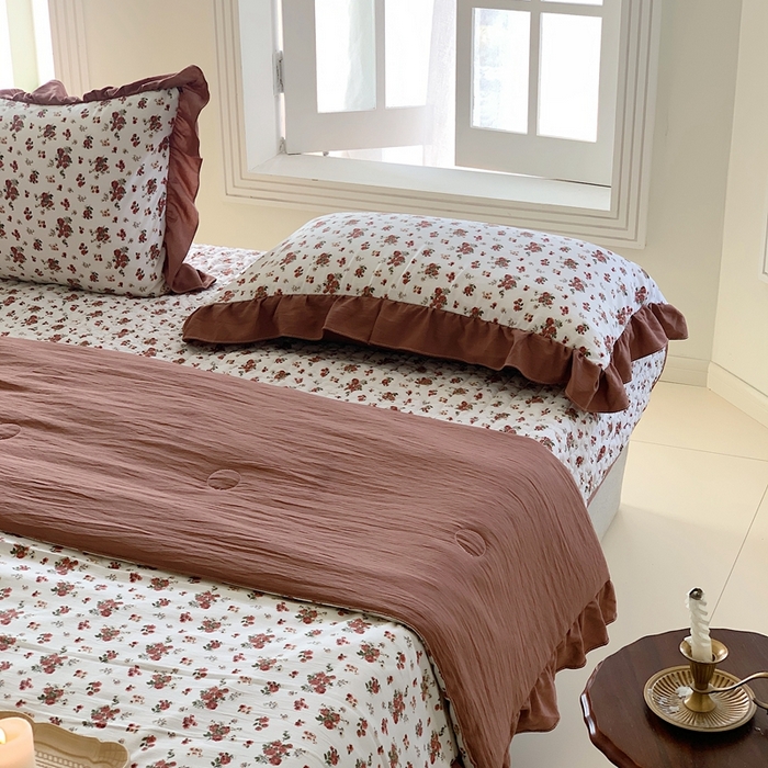 91家纺网 家纺一手货源 找家纺 星期八2023款水洗棉麻床盖+枕套+夏被 玫瑰花园