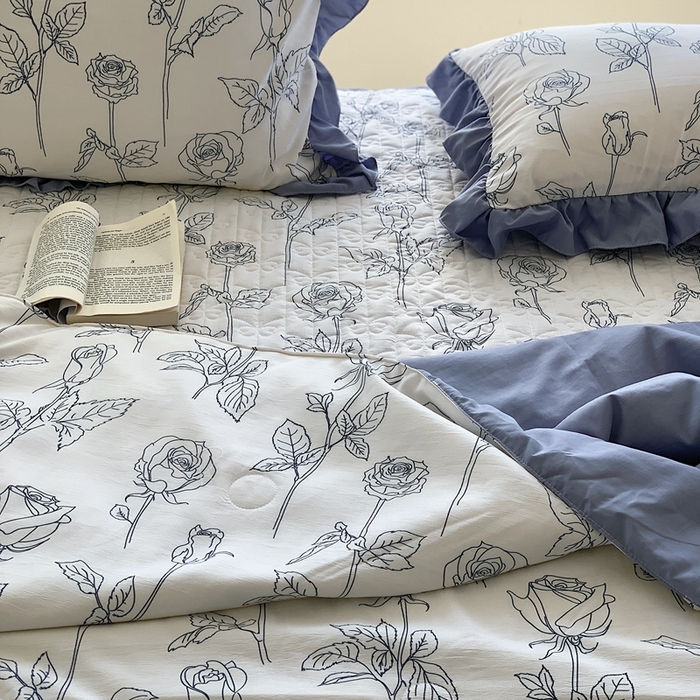 91家纺网 家纺一手货源 找家纺 星期八2023款水洗棉麻床盖+枕套+夏被 玫瑰