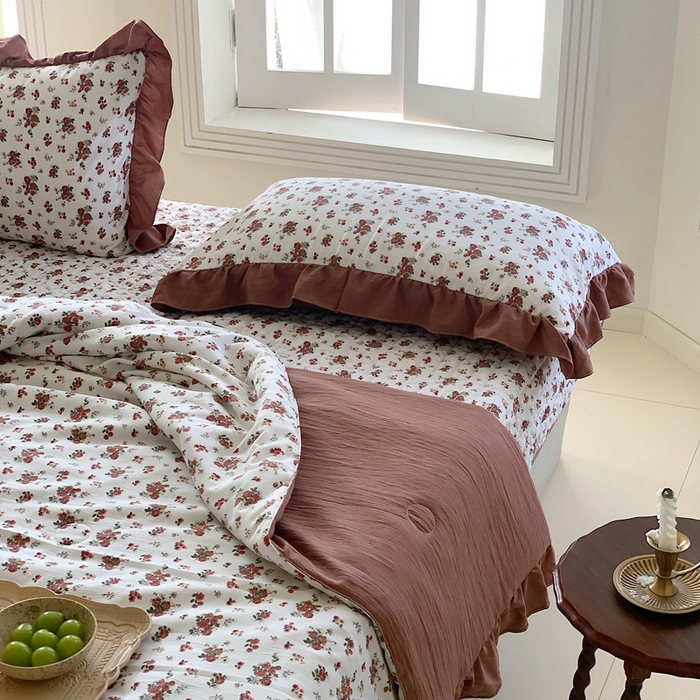 91家纺网 家纺一手货源 找家纺 星期八2023款水洗棉麻床盖+枕套+夏被 玫瑰花园