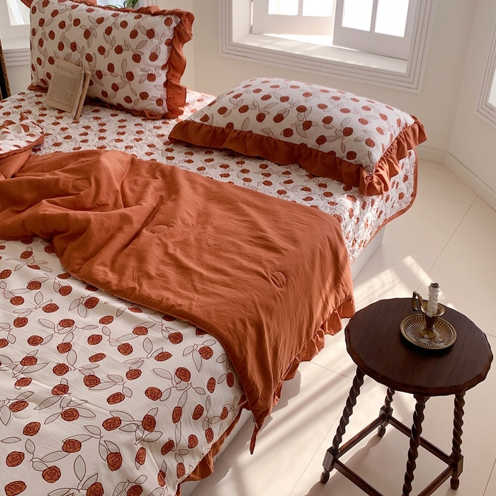 91家纺网 家纺一手货源 找家纺 星期八2023款水洗棉麻床盖+枕套+夏被 情人