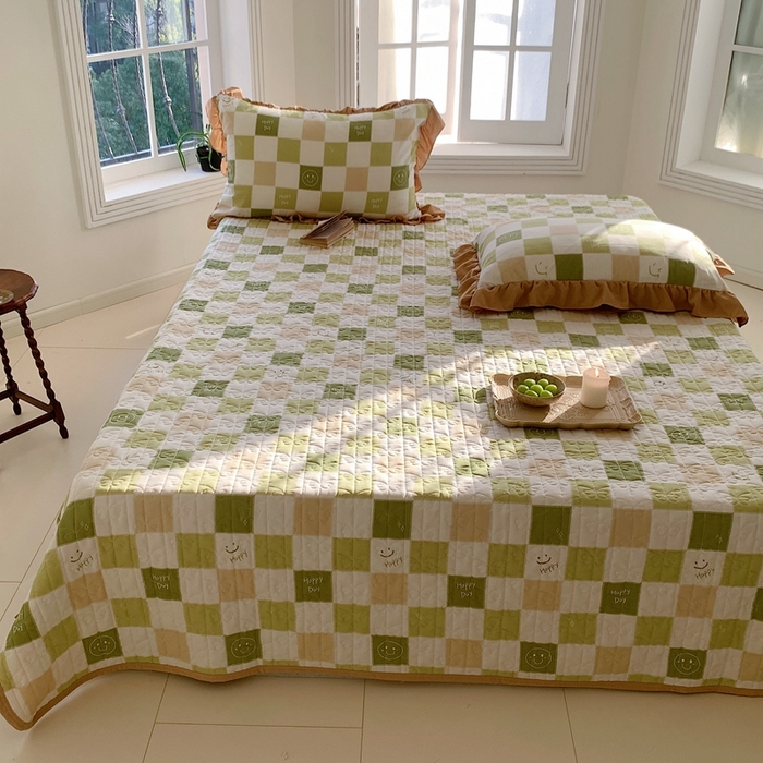 91家纺网 家纺一手货源 找家纺 星期八2023款水洗棉麻床盖+枕套+夏被 笑脸