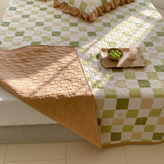 91家纺网 家纺一手货源 找家纺 星期八2023款水洗棉麻床盖+枕套+夏被 笑脸