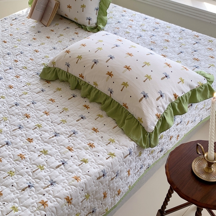 91家纺网 家纺一手货源 找家纺 星期八2023款水洗棉麻床盖+枕套+夏被 椰树