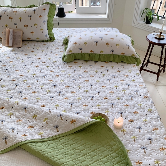 91家纺网 家纺一手货源 找家纺 星期八2023款水洗棉麻床盖+枕套+夏被 椰树