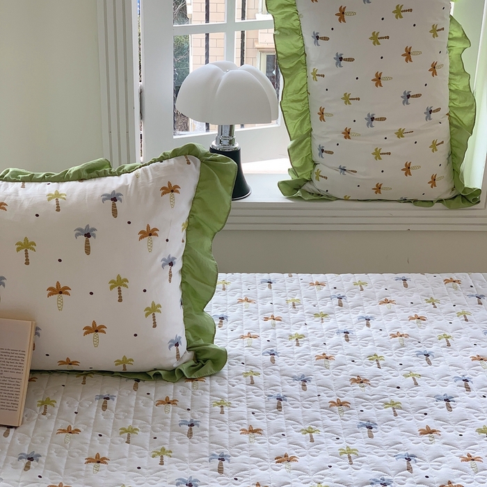 91家纺网 家纺一手货源 找家纺 星期八2023款水洗棉麻床盖+枕套+夏被 椰树