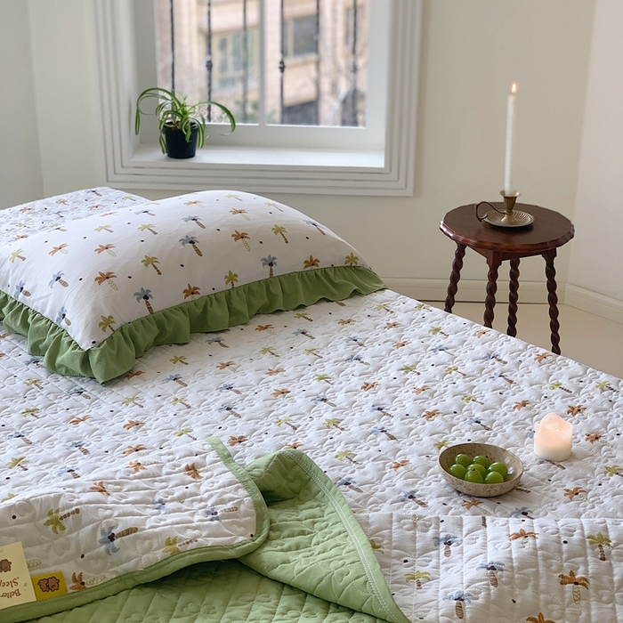 91家纺网 家纺一手货源 找家纺 星期八2023款水洗棉麻床盖+枕套+夏被 椰树