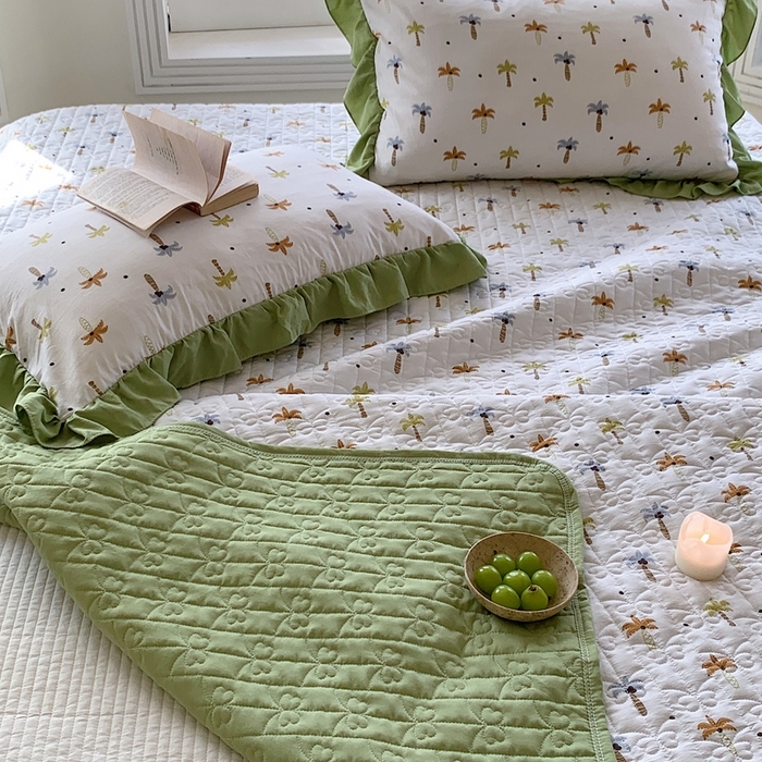 91家纺网 家纺一手货源 找家纺 星期八2023款水洗棉麻床盖+枕套+夏被 椰树