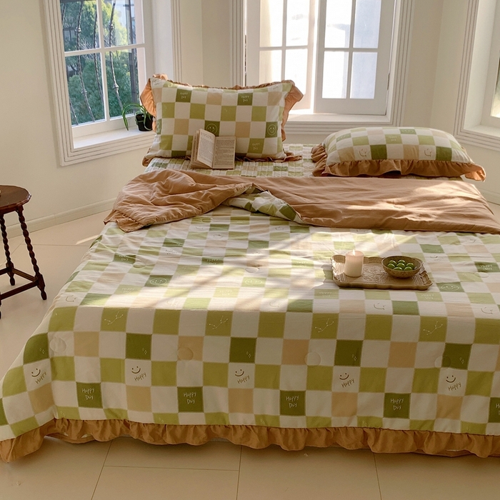 91家纺网 家纺一手货源 找家纺 星期八2023款水洗棉麻床盖+枕套+夏被 笑脸