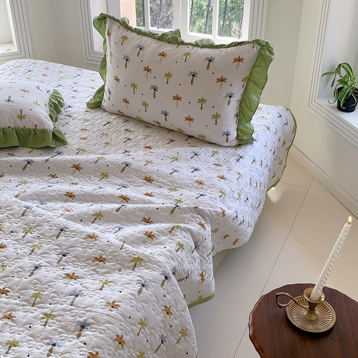 91家纺网 家纺一手货源 找家纺 星期八2023款水洗棉麻床盖+枕套+夏被 椰树