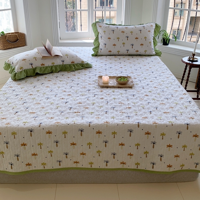 91家纺网 家纺一手货源 找家纺 星期八2023款水洗棉麻床盖+枕套+夏被 椰树