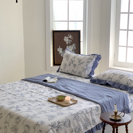 91家纺网 家纺一手货源 找家纺 星期八2023款水洗棉麻床盖+枕套+夏被 玫瑰