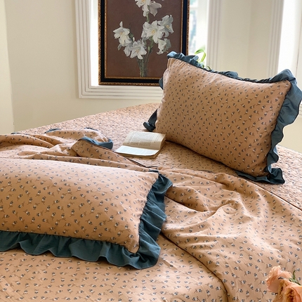 91家纺网 家纺一手货源 找家纺 星期八2023款水洗棉麻床盖+枕套+夏被 朱槿