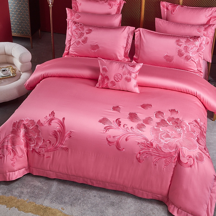 91家纺网 家纺一手货源 找家纺 （总）高大尚 23新款长绒棉奢华婚庆多件套系列-甜甜蜜蜜（粉）