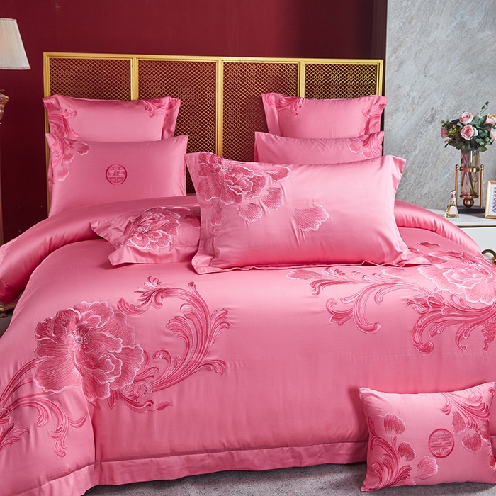 91家纺网 家纺一手货源 找家纺 （总）高大尚 23新款长绒棉奢华婚庆多件套系列-甜甜蜜蜜（粉）