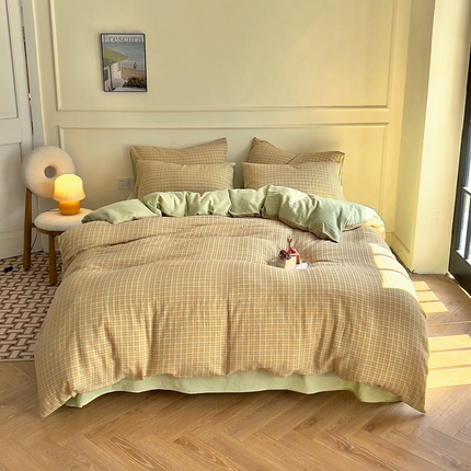 91家纺网 家纺一手货源 找家纺 艾咪 2023新款全棉色织水洗棉小提花四件套三件套-洛佳黄绿