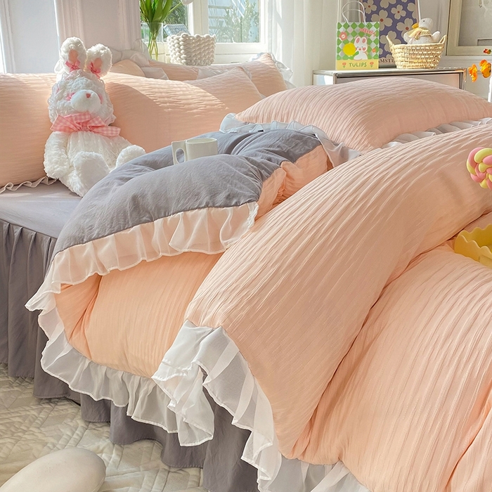 91家纺网 家纺一手货源 找家纺 （总）慕澄  2023新款叶子泡泡雪纺花边系列四件套