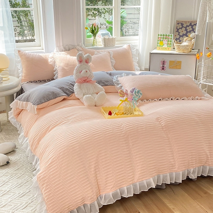 91家纺网 家纺一手货源 找家纺 慕澄  2023新款叶子泡泡雪纺花边系列 叶子泡泡-粉灰色