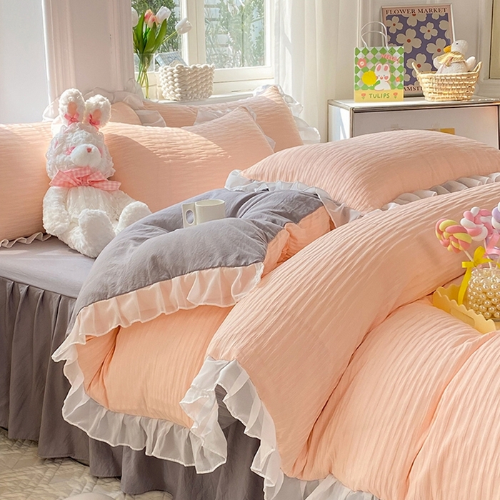 91家纺网 家纺一手货源 找家纺 慕澄  2023新款叶子泡泡雪纺花边系列 叶子泡泡-粉灰色