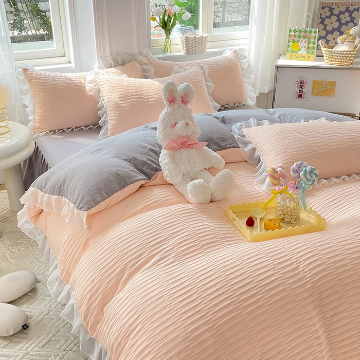 91家纺网 家纺一手货源 找家纺 慕澄  2023新款叶子泡泡雪纺花边系列 叶子泡泡-粉灰色