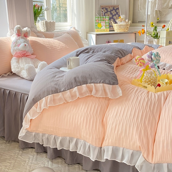 91家纺网 家纺一手货源 找家纺 （总）慕澄  2023新款叶子泡泡雪纺花边系列四件套