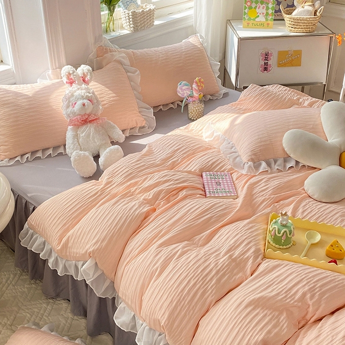 91家纺网 家纺一手货源 找家纺 慕澄  2023新款叶子泡泡雪纺花边系列 叶子泡泡-粉灰色