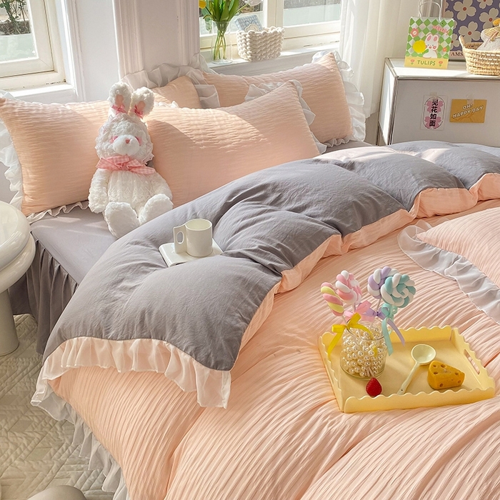 91家纺网 家纺一手货源 找家纺 （总）慕澄  2023新款叶子泡泡雪纺花边系列四件套