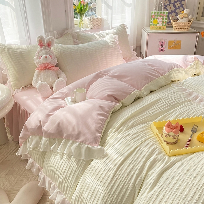 91家纺网 家纺一手货源 找家纺 慕澄  2023新款叶子泡泡雪纺花边系列 叶子泡泡-米粉色