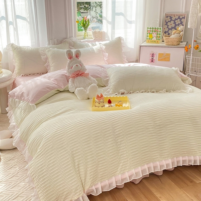 91家纺网 家纺一手货源 找家纺 慕澄  2023新款叶子泡泡雪纺花边系列 叶子泡泡-米粉色