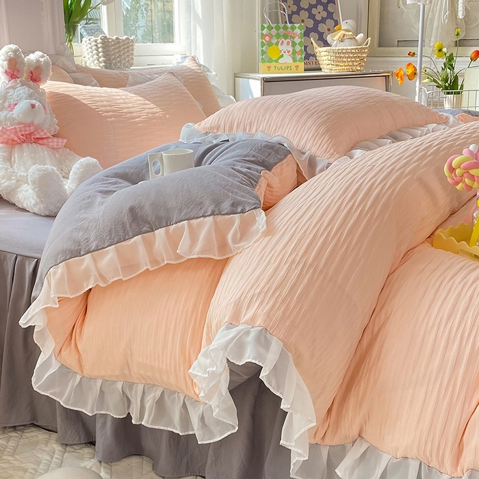 91家纺网 家纺一手货源 找家纺 慕澄  2023新款叶子泡泡雪纺花边系列 叶子泡泡-粉灰色