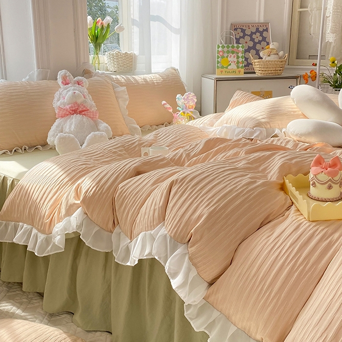 91家纺网 家纺一手货源 找家纺 慕澄  2023新款叶子泡泡雪纺花边系列 叶子泡泡-粉清绿