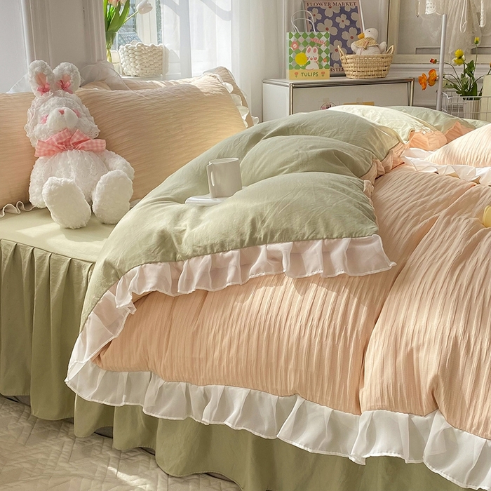 91家纺网 家纺一手货源 找家纺 慕澄  2023新款叶子泡泡雪纺花边系列 叶子泡泡-粉清绿