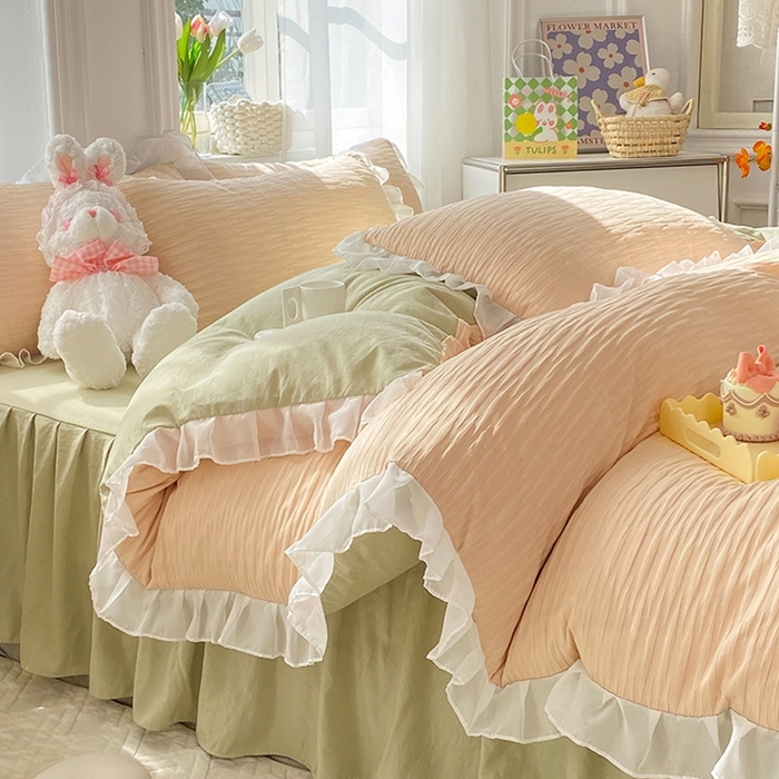 91家纺网 家纺一手货源 找家纺 慕澄  2023新款叶子泡泡雪纺花边系列 叶子泡泡-粉清绿