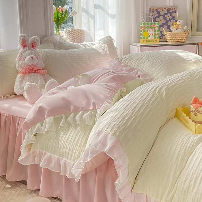 91家纺网 家纺一手货源 找家纺 慕澄  2023新款叶子泡泡雪纺花边系列 叶子泡泡-米粉色