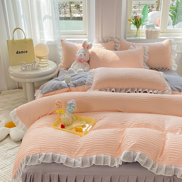 91家纺网 家纺一手货源 找家纺 慕澄  2023新款叶子泡泡雪纺花边系列 叶子泡泡-粉灰色