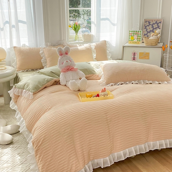 91家纺网 家纺一手货源 找家纺 慕澄  2023新款叶子泡泡雪纺花边系列 叶子泡泡-粉清绿