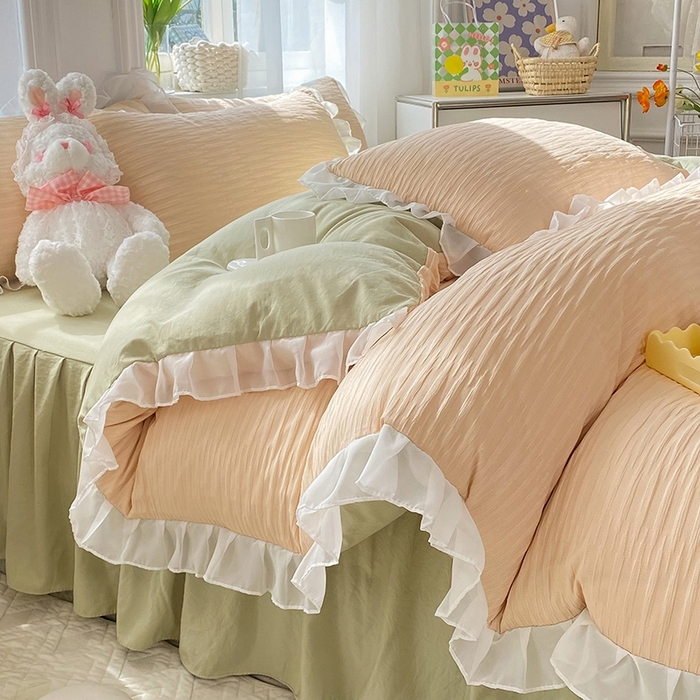 91家纺网 家纺一手货源 找家纺 慕澄  2023新款叶子泡泡雪纺花边系列 叶子泡泡-粉清绿