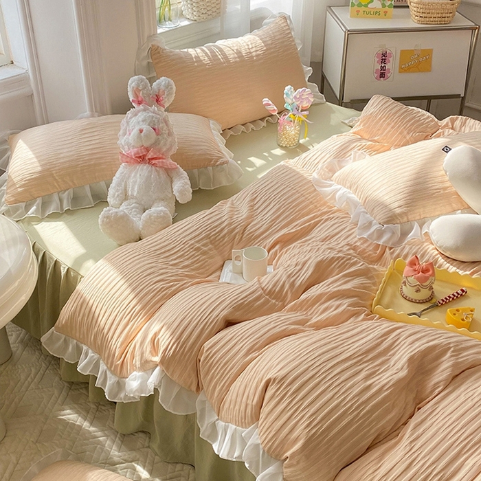 91家纺网 家纺一手货源 找家纺 慕澄  2023新款叶子泡泡雪纺花边系列 叶子泡泡-粉清绿