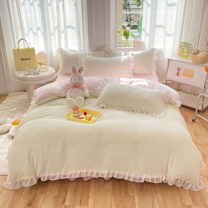 91家纺网 家纺一手货源 找家纺 慕澄  2023新款叶子泡泡雪纺花边系列 叶子泡泡-米粉色