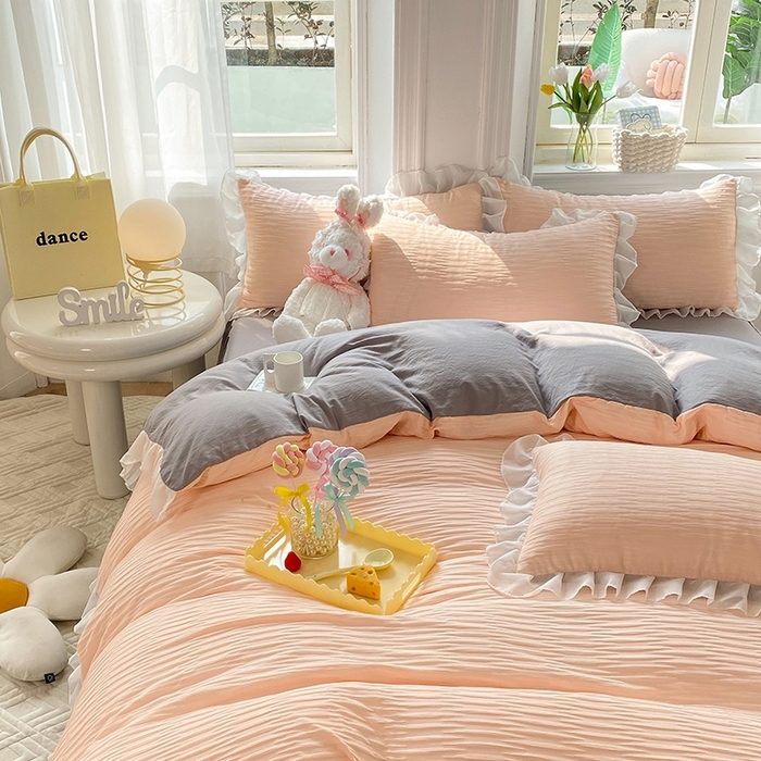 91家纺网 家纺一手货源 找家纺 慕澄  2023新款叶子泡泡雪纺花边系列 叶子泡泡-粉灰色