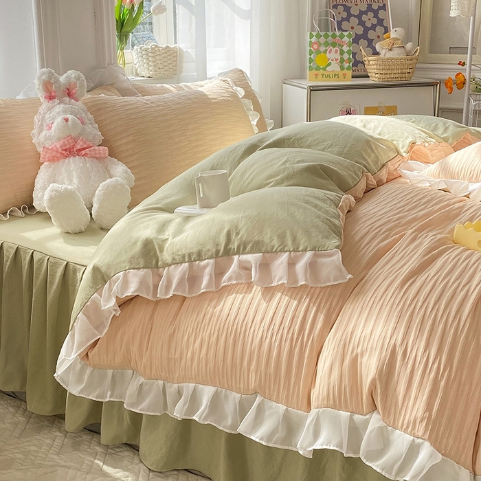 91家纺网 家纺一手货源 找家纺 慕澄  2023新款叶子泡泡雪纺花边系列 叶子泡泡-粉清绿