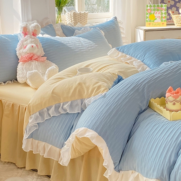 91家纺网 家纺一手货源 找家纺 慕澄  2023新款叶子泡泡雪纺花边系列 叶子泡泡-浅蓝黄