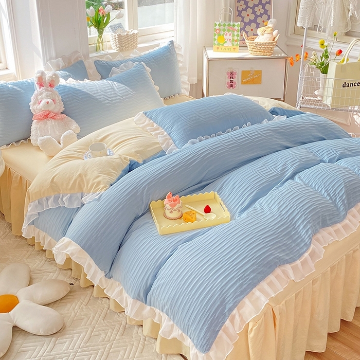 91家纺网 家纺一手货源 找家纺 慕澄  2023新款叶子泡泡雪纺花边系列 叶子泡泡-浅蓝黄